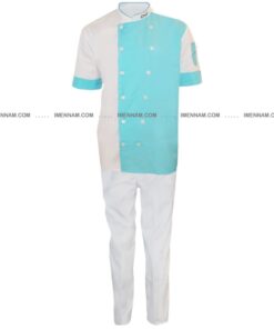 لباس آشپزی شف سفید فیروزه ای با شلوار سفید