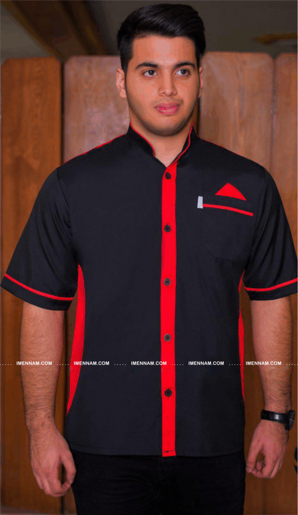 لباس آشپزی شاهین 14 گارسون با لباس آشپزی شاهین مشکی قرمز