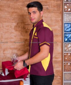 لباس آشپزی شاهین 12 لباس آشپزی شاهین زرشکی زرد از بغل